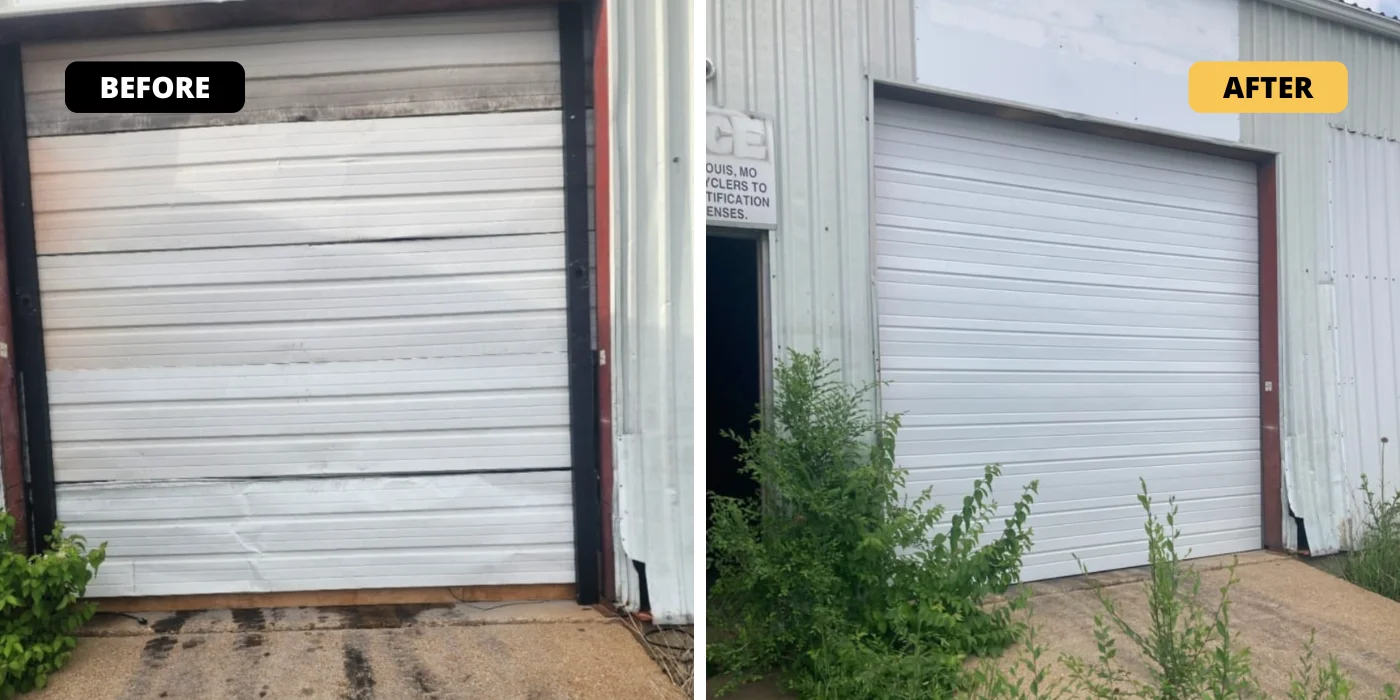 Garage door repair before and after - panel replacement