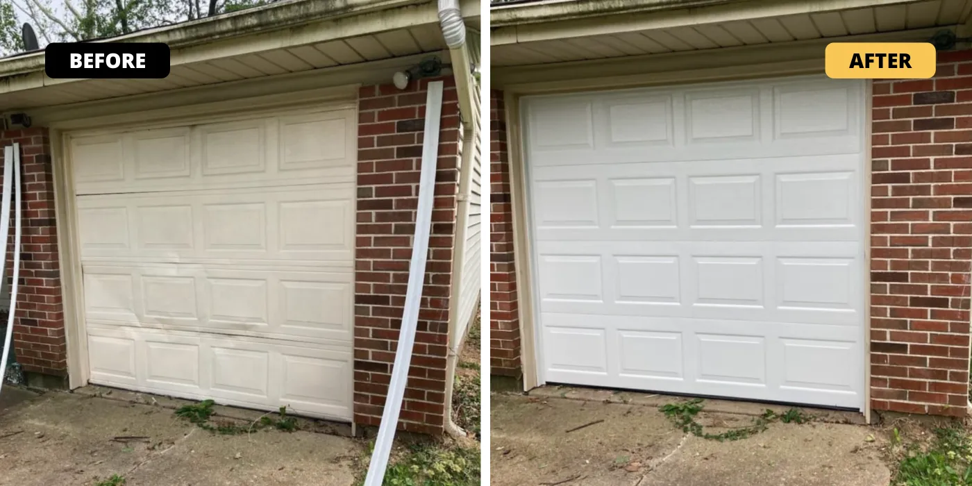 Off-track garage door restoration before and after
